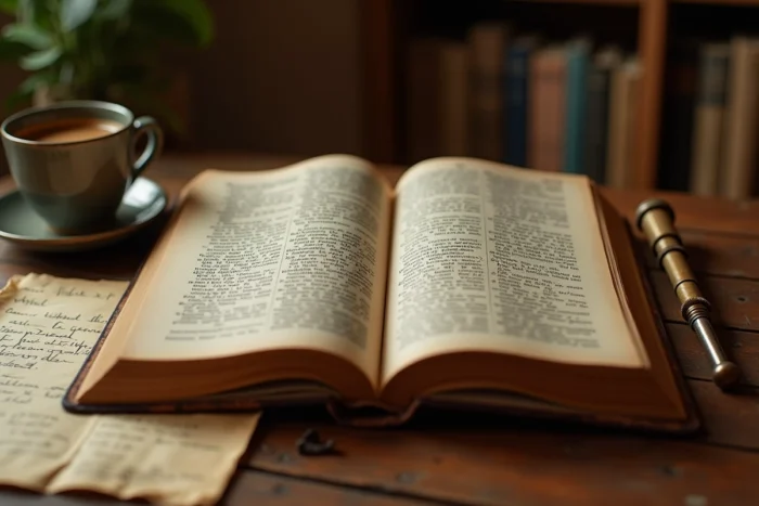 Dictionnaire ouvert sur la définition d'un mot avec une douille en laiton posée sur un bureau en bois ancien