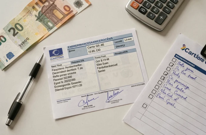 Documents administratifs pour le changement de carte grise avec coût estimatif incluant billets et calculatrice