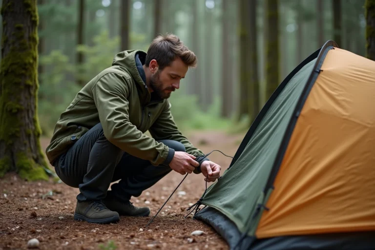 Homme installant sa tente en forêt pour dormir une nuit dehors en toute sécurité