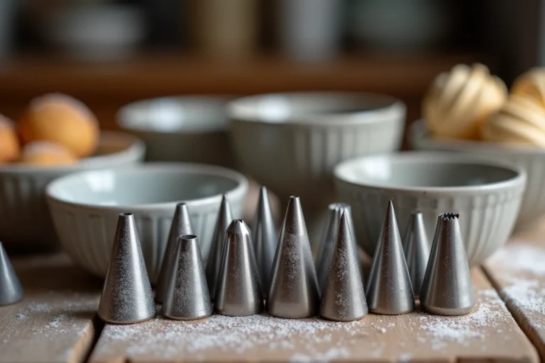 Assortiment de douilles de pâtisserie en métal et plastique posées sur une table en bois rustique