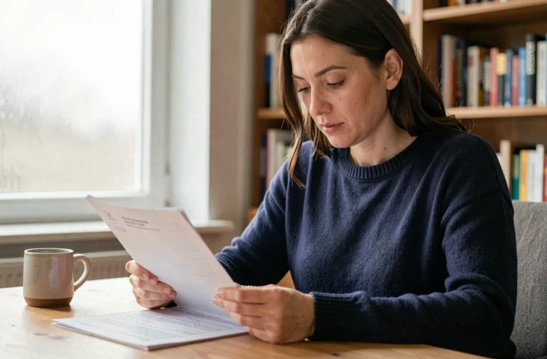 Femme consultant des documents administratifs sur ses droits AREF lors d'une formation professionnelle