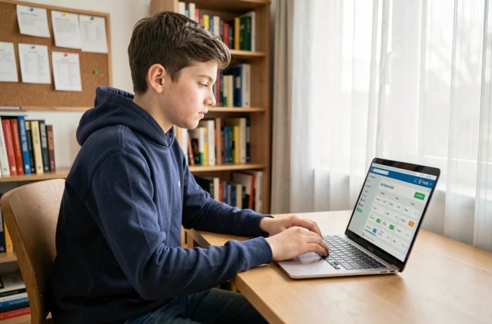 Élève lycéen consultant Pronote sur son ordinateur portable dans sa chambre