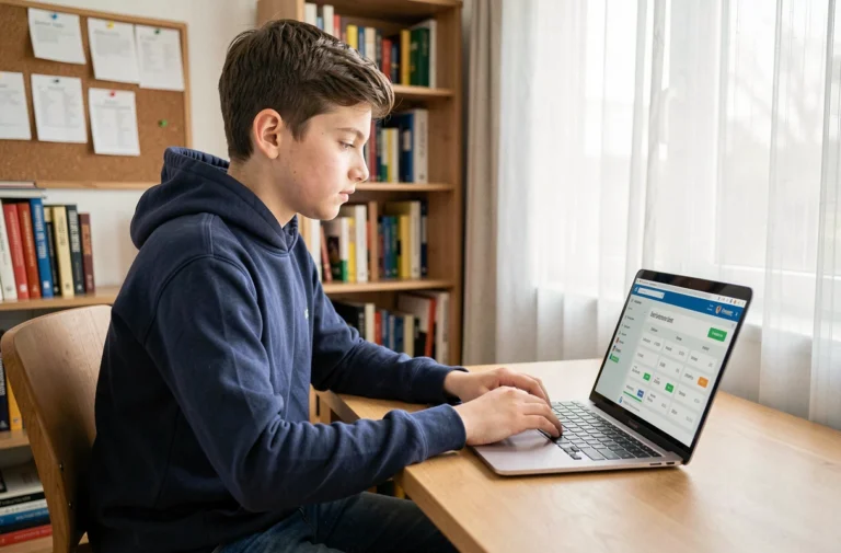 Élève lycéen consultant Pronote sur son ordinateur portable dans sa chambre
