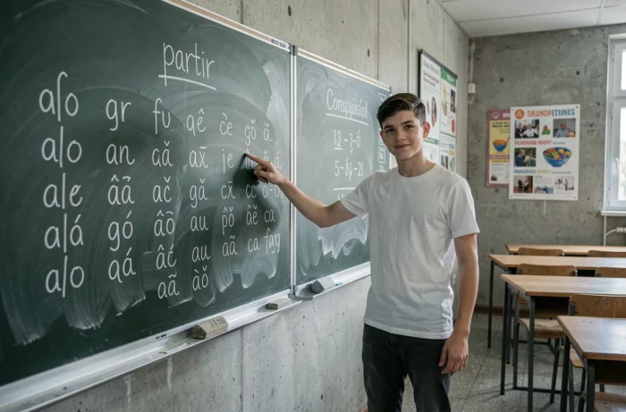 Adolescent montrant la conjugaison du verbe partir au présent indicatif écrite à la craie sur un tableau de classe