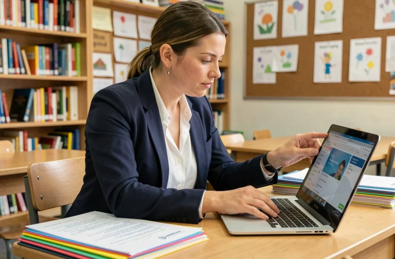 Enseignante organisant ses plans de cours avec un outil numérique en ligne dans une salle de classe bien rangée