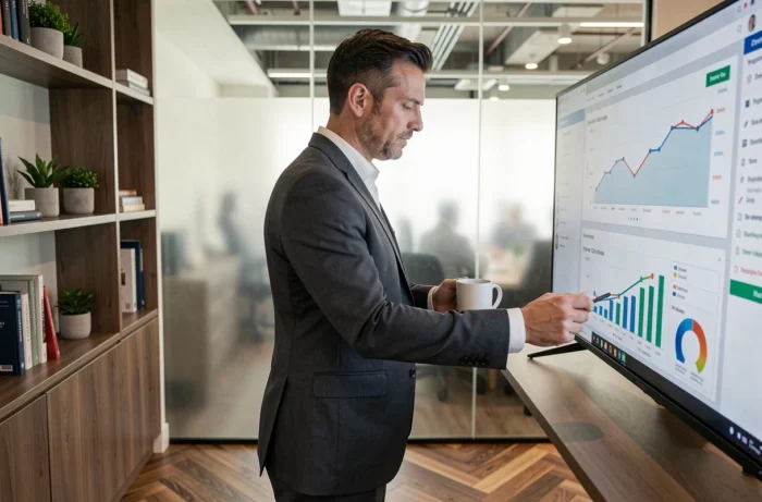 Entrepreneur analysant un tableau de bord personnalisé de croissance d'entreprise sur un grand écran tactile dans un bureau privé moderne