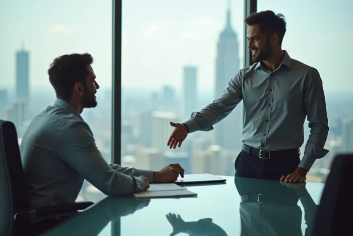 Candidat en entretien d'embauche serrant la main d'un recruteur dans un bureau d'entreprise moderne