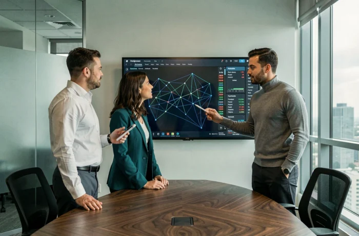 Équipe de professionnels analysant une visualisation de réseau blockchain en temps réel dans une salle de réunion moderne