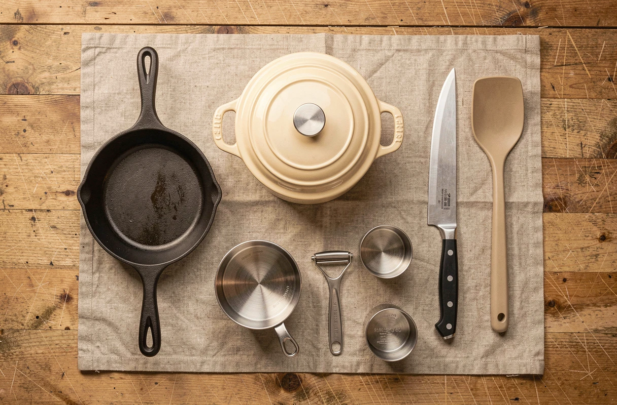 Sélection d'équipements de cuisine essentiels disposés en flat lay sur un plan de travail en bois
