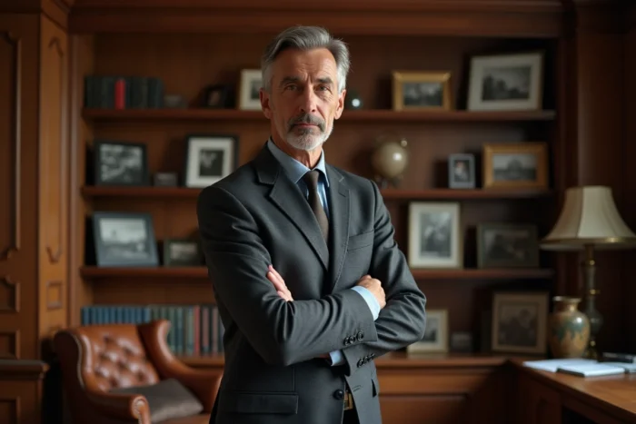 Homme en costume gris debout dans une bibliothèque privée élégante, illustrant l'univers personnel et discret d'Éric Jean-Jean
