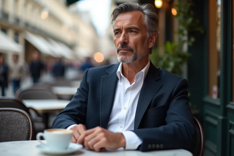 Homme élégant en veste marine assis à une terrasse de café parisien, ambiance urbaine authentique illustrant la vie privée d'Éric Jean-Jean