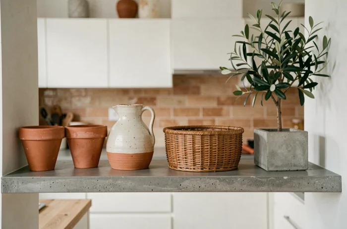 Étagère de cuisine décorée avec des pots en terre cuite, un pichet en grès, des paniers en rotin et une plante d'olivier en pot béton