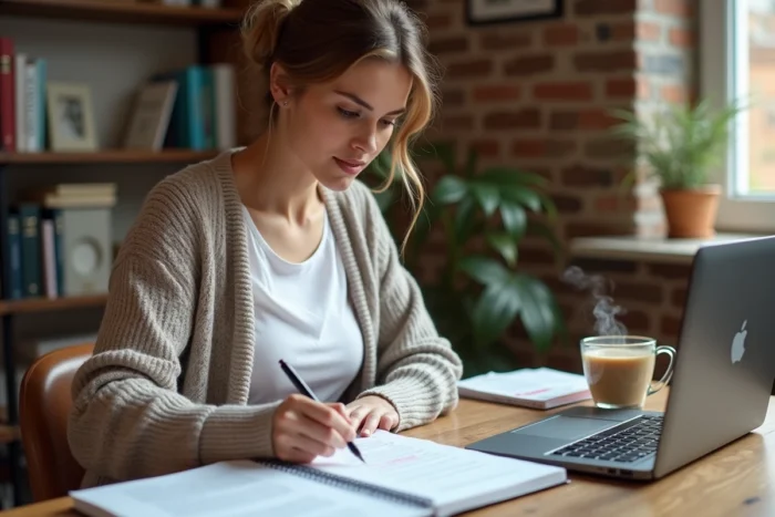 Femme en formation de doula à domicile, étudiant des cours certifiants et des manuels de périnatalité