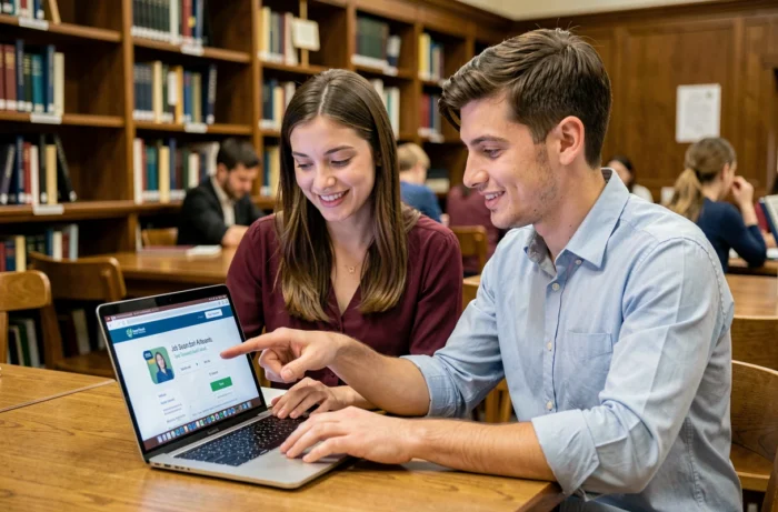 Deux étudiants collaborant sur la recherche d'offres d'alternance sur un site emploi en bibliothèque universitaire