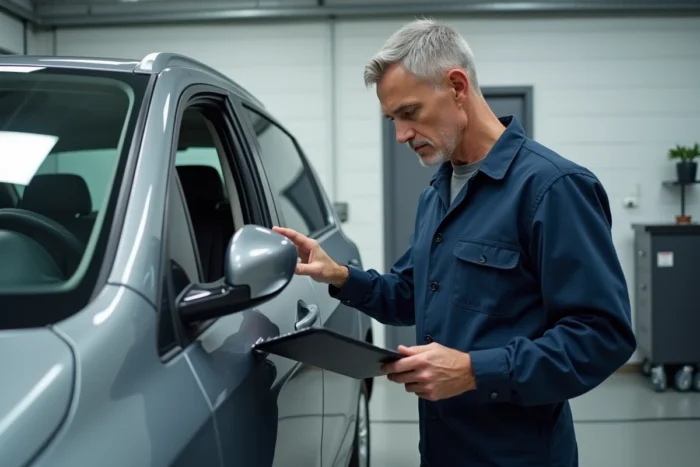Expert automobile professionnel inspectant la carrosserie d'un véhicule dans un garage d'expertise agréé