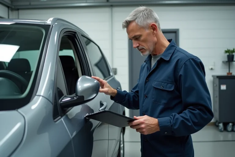 Expert automobile professionnel inspectant la carrosserie d'un véhicule dans un garage d'expertise agréé