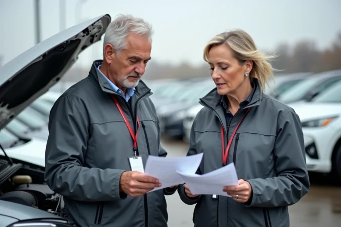 Deux experts en évaluation automobile consultant un rapport technique lors d'une expertise de véhicule en extérieur