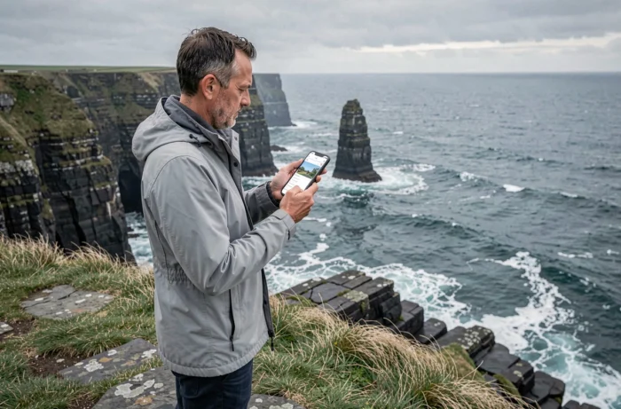 Homme consultant une application de recherche touristique sur smartphone au bord des falaises bretonnes