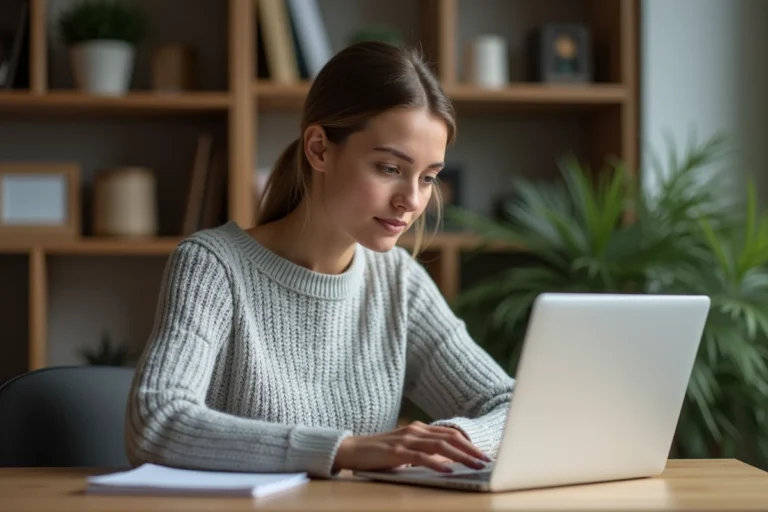 Femme consultant des alertes d'offres d'emploi Pôle emploi sur son ordinateur portable depuis son bureau à domicile