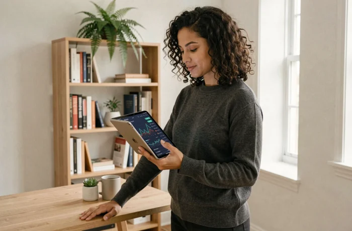 Femme analyste crypto consultant un tableau de bord blockchain sur tablette dans un bureau à domicile minimaliste