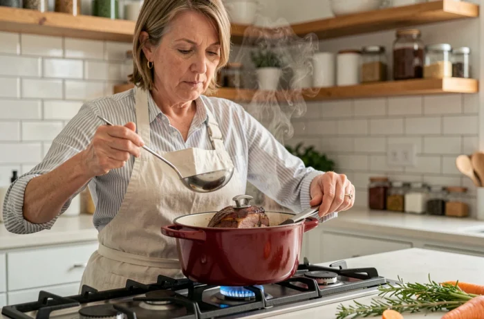 Femme arrosant un rôti de porc en cocotte émaillée sur une cuisinière à gaz dans une cuisine moderne