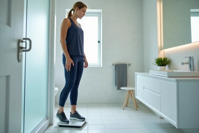 Femme sur une balance dans une salle de bain, illustrant les préoccupations liées à la prise de poids sous traitement hormonal