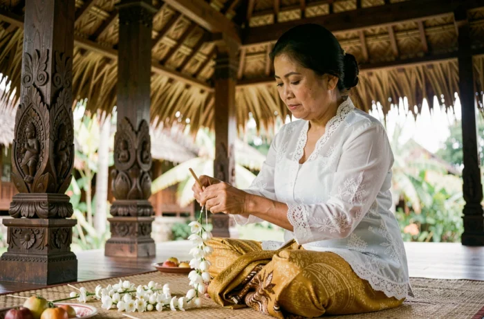 Femme balinaise en kebaya blanche confectionnant une guirlande de jasmin cérémonielle dans un pavillon traditionnel balinais ouvert