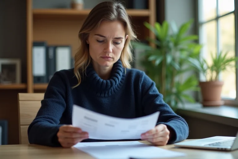 Femme consultant des documents de salaire et calculant ses indemnités chômage à son bureau à domicile