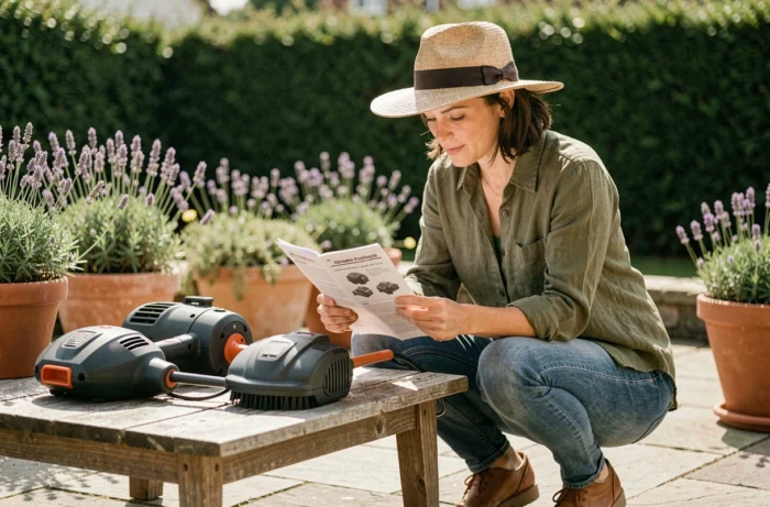 Femme comparant deux modèles de débroussailleuse thermique sur une table en bois dans un jardin de banlieue ensoleillé