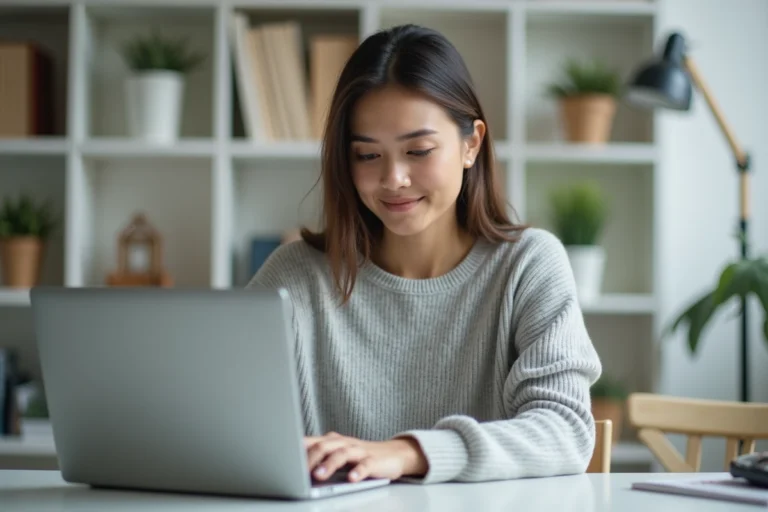 Femme travaillant sur un convertisseur MP3 MP4 dans un bureau à domicile minimaliste pour optimiser sa productivité
