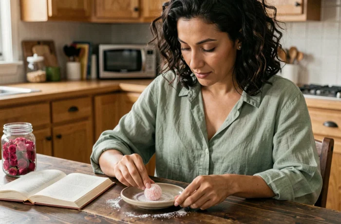 Femme déposant un loukoum à la rose sur une assiette en céramique dans une cuisine en bois naturel