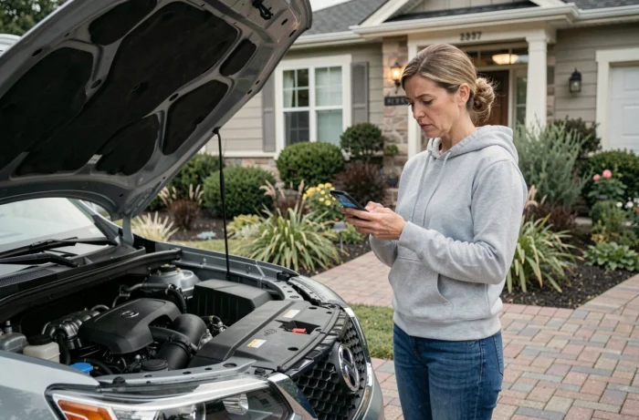 Femme consultant une application de diagnostic automobile sur son smartphone devant son SUV dans une allée résidentielle