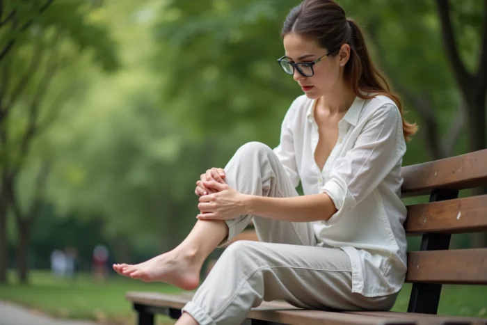Femme examinant une petite tache noire sur sa cheville en extérieur, assise sur un banc dans un parc