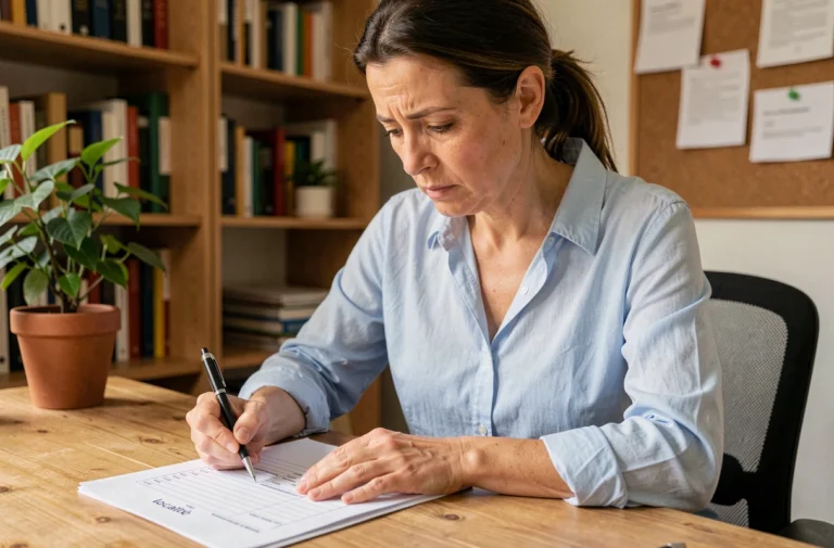 Femme remplissant un formulaire administratif papier avec les champs localité, voie et complément d'adresse sur un bureau en bois à domicile