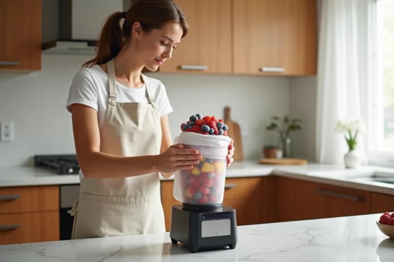 Femme versant des fruits congelés dans un blender sur un comptoir en marbre dans une cuisine moderne