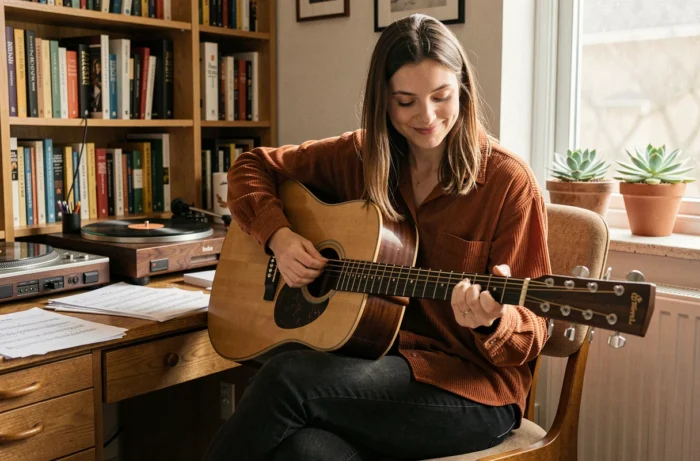 Jeune femme jouant de la guitare acoustique dans un studio maison chaleureux entouré de livres et d'un tourne-disque, symbolisant le lien entre la pratique musicale et le bien-être mental