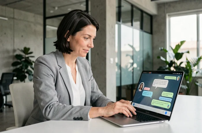 Une femme professionnelle interagit avec une interface de chatbot IA sur un ordinateur portable dans un bureau moderne