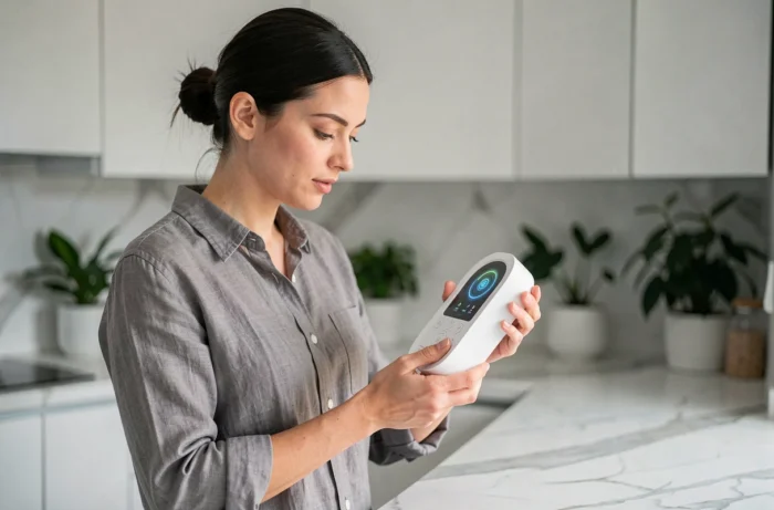 Femme examinant un ionisateur d'air dans une cuisine minimaliste moderne