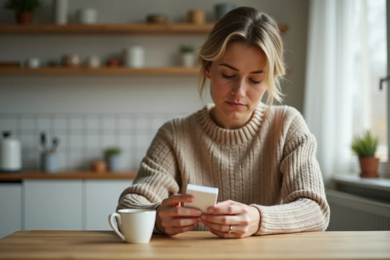 Femme lisant la notice d'un médicament Acthéane à la cuisine, questionnant les effets sur le poids