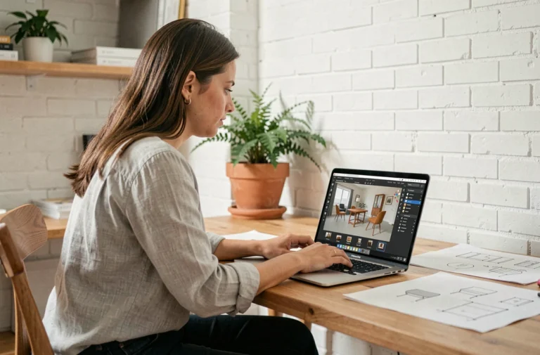 Femme utilisant un logiciel de design 3D pour importer des meubles personnalisés dans HomeByMe sur un bureau en bois