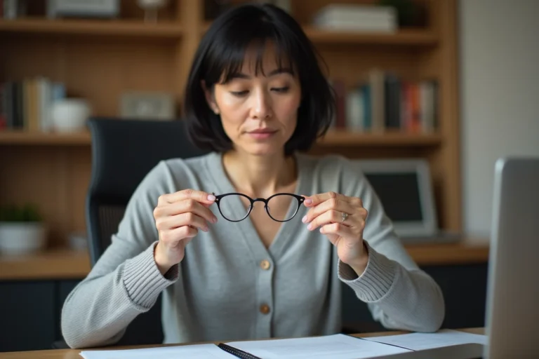 Femme examinant ses lunettes Zeiss à remboursement mutuelle sur un bureau en bois à domicile