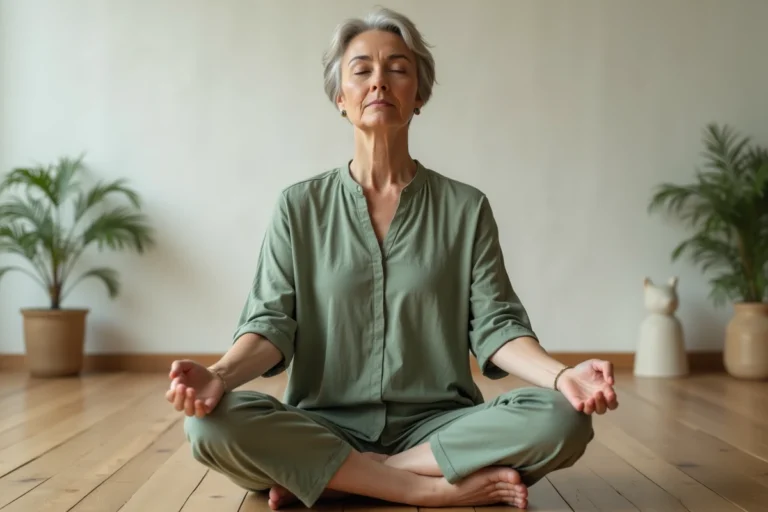 Femme en méditation sur un plancher en bois évoquant la spiritualité et l'introspection au quotidien