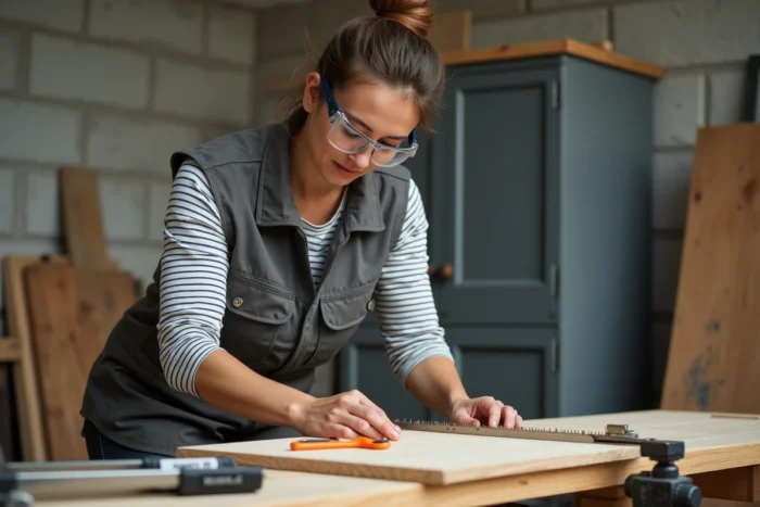 Femme menuisière utilisant une scie à guichet et des outils en K dans un atelier professionnel