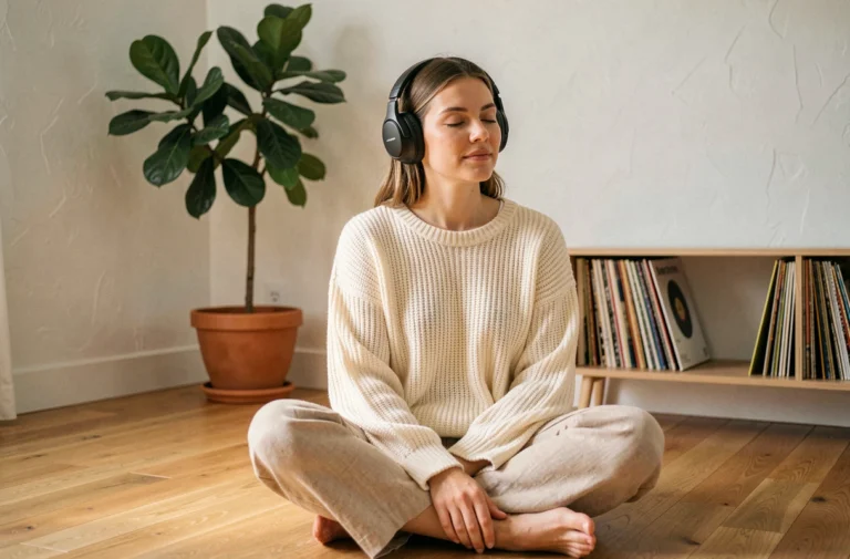 Femme les yeux fermés portant un casque audio, assise sur un parquet en bois dans un salon minimaliste, illustrant les bienfaits de la musique sur la santé mentale