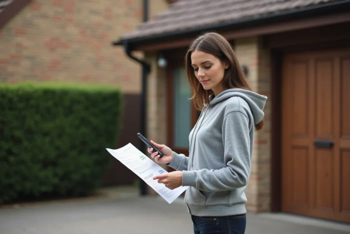 Femme consultant la notice de réinitialisation du moteur Hormann SupraMatic E2 devant sa porte de garage