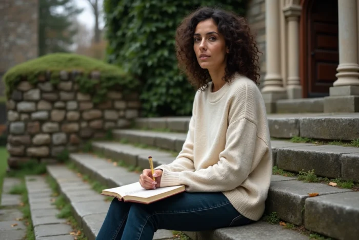 Femme pensive assise sur les marches d'une chapelle en pierre tenant un journal intime spirituel