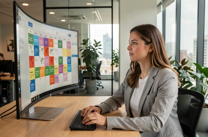 Femme consultant une plateforme de journées mondiales sur un grand écran dans un bureau moderne en 2026