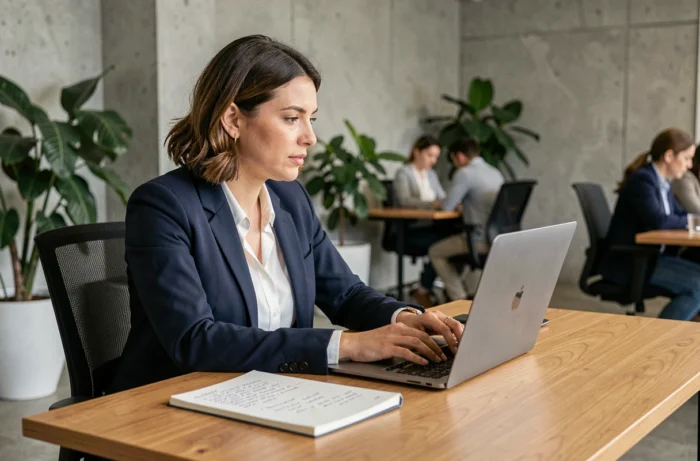 Femme professionnelle suivant une formation en ligne sur Piste on Jobs dans un espace de coworking moderne