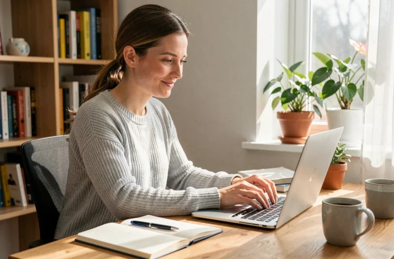 Femme cherchant un emploi adapté sur son ordinateur portable dans un bureau à domicile confortable