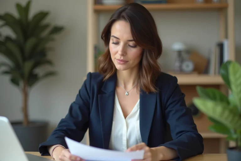 Femme professionnelle révisant son CV à un bureau moderne pour optimiser sa recherche d'emploi en 2024
